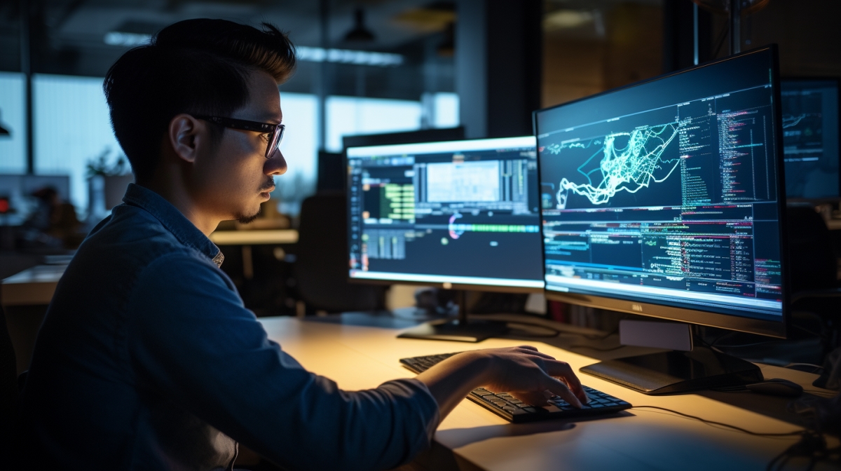 A Filipino UX designer in his late twenties is seen deeply engrossed in his work.