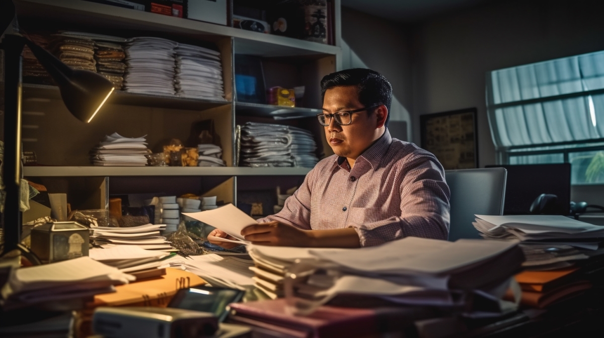 An image of a Filipino business owner deeply engrossed in calculating his business tax for the month.