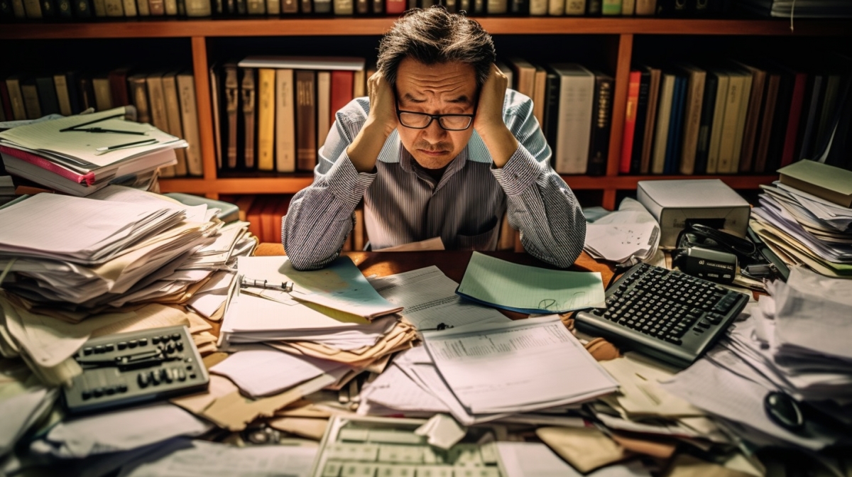 n image of a frustrated Filipino business owner, struggling to calculate his taxes.