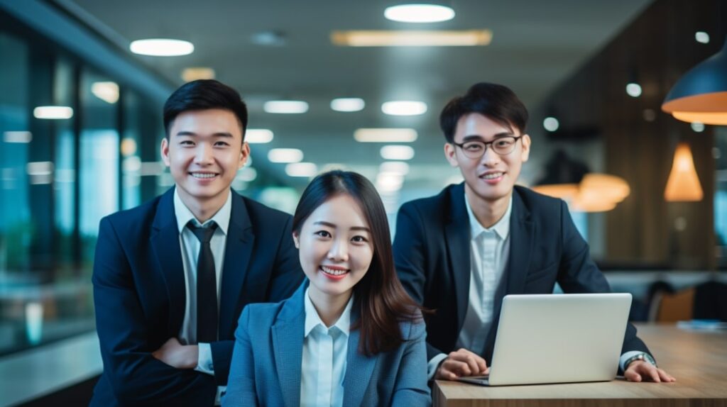 A group of Asian offshoring employees pose for a photo with cheerful smiles.