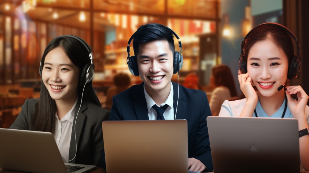 3 asian bpo outsourcing staff working, smiling