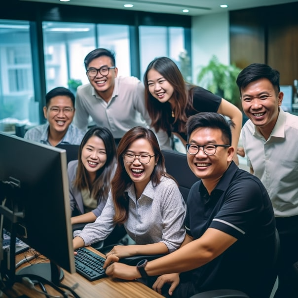 A harmonious group of dedicated Asian BPO outsourcing vs. offshoring staff, immersed in collaboration and exuding contentment, diligently navigate their tasks within the vibrant office environment.