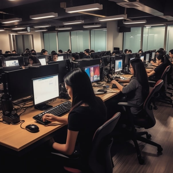 In the heart of a bustling office, a diverse team of focused Asian BPO outsourcing vs offshoring workers diligently toil behind their glowing computer screens. A testament to multicultural collaboration, they tirelessly facilitate seamless business operations, helping companies worldwide scale towards success. Their eyes, alight with determination and purpose, tell a silent story of commitment to exceptional service delivery and an unwavering passion for growth.