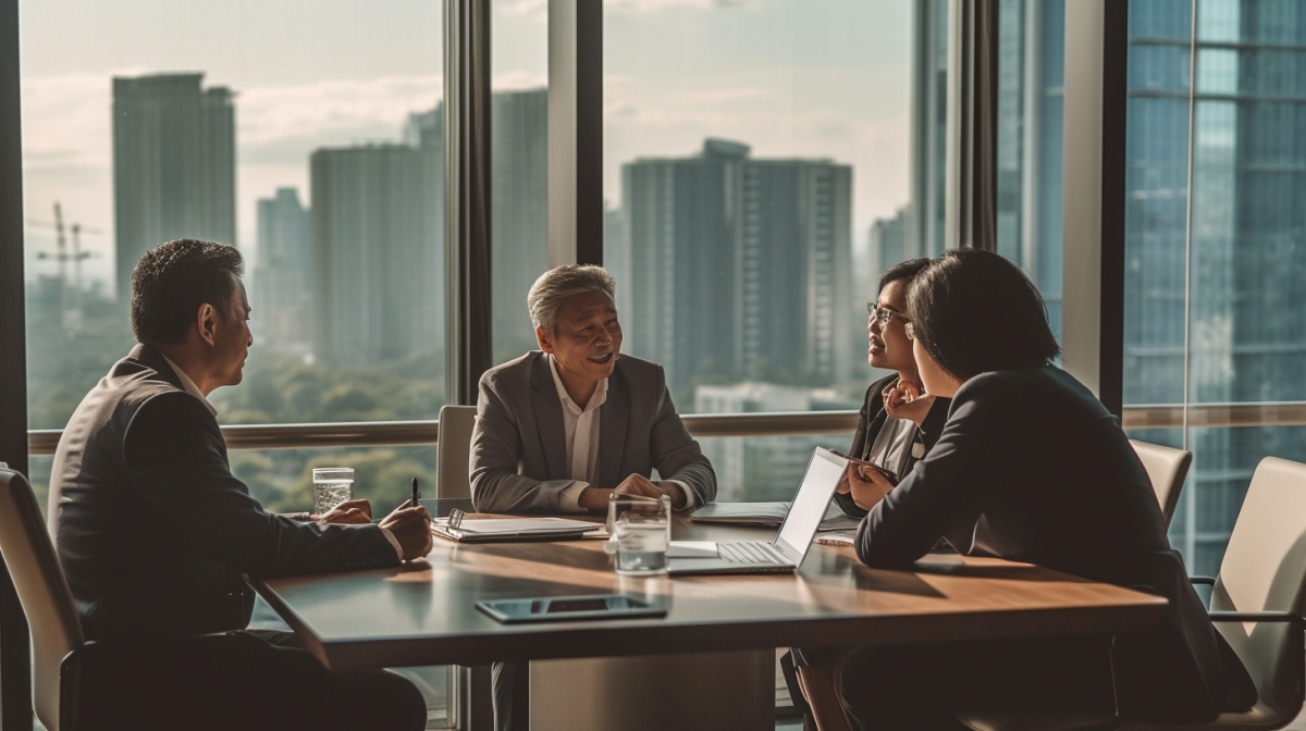 A Filipino business owner in a serious meeting with three presidents of Filipino outsourcing companies.