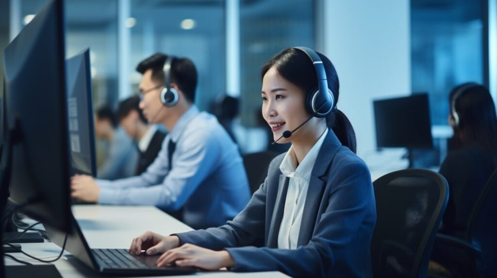 A dedicated Asian professional working diligently in modern office environment, seamlessly coordinating offshore omnichannel support services to ensure exceptional customer experiences.