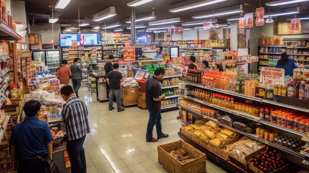 An image of a bustling retail store with Filipino employees at work.