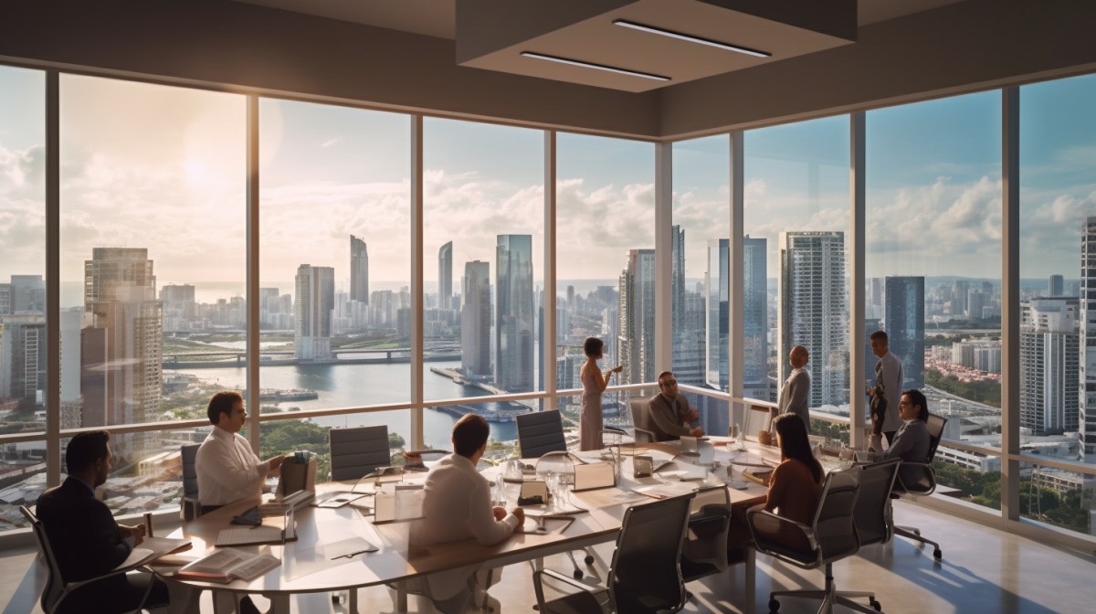A dynamic image of a team of Filipino onshoring employees collaborating on a project in an office.