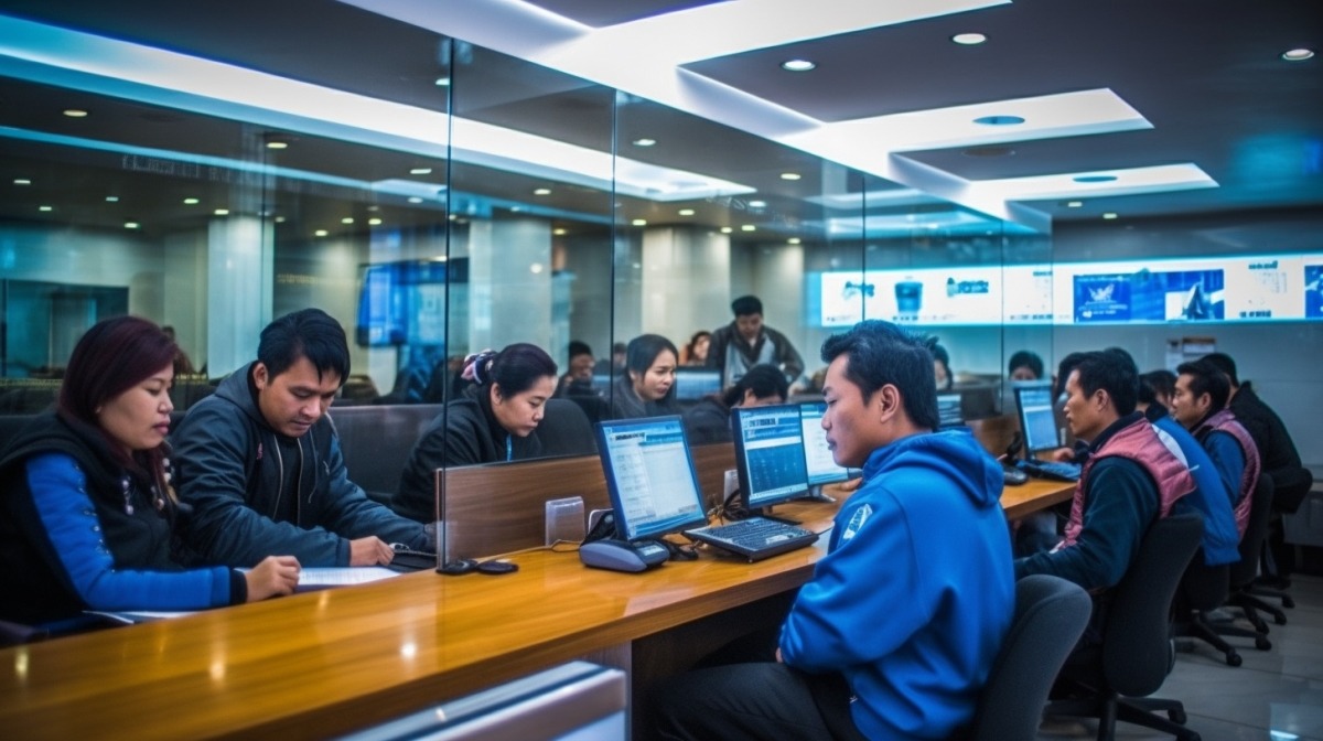 A dynamic image of a team of Filipino employees in a bank.