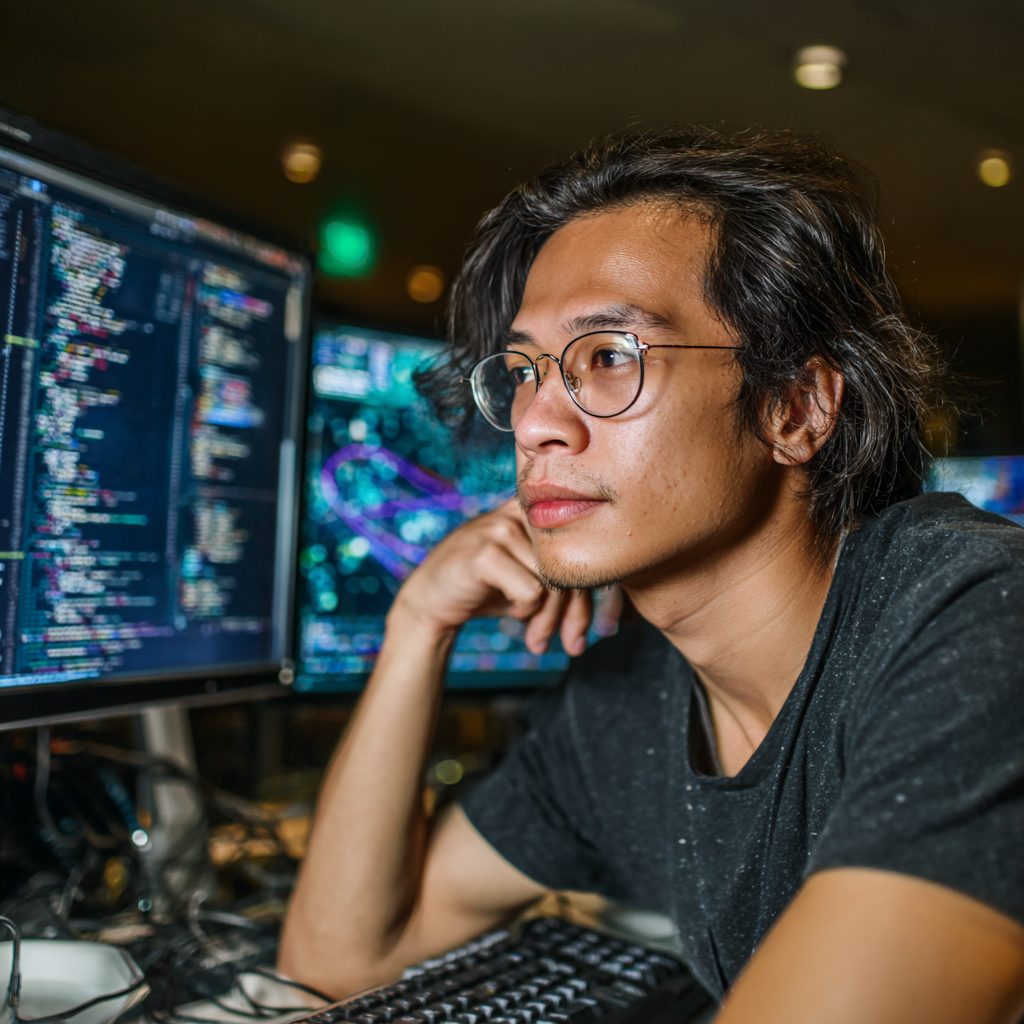 A male ai & machine learning offshore team member working on his PC in a Philippine tech hub