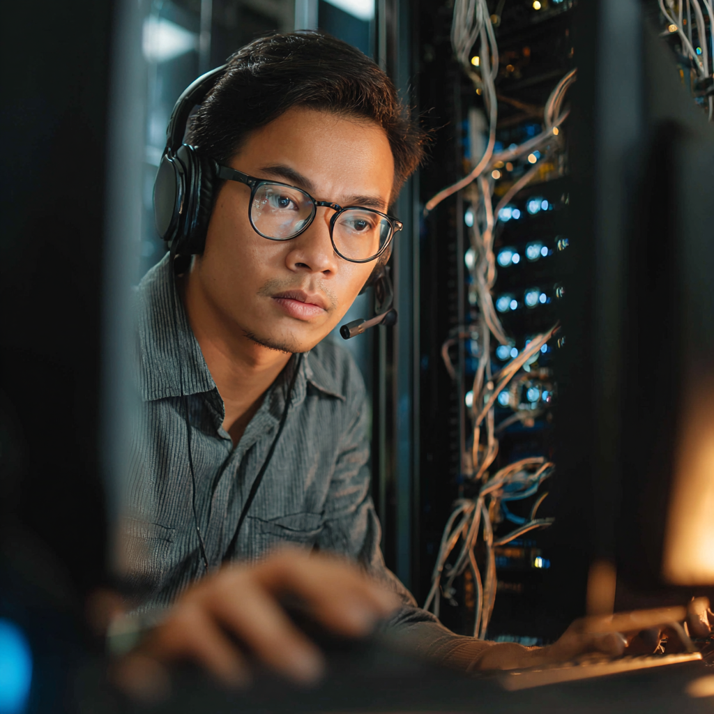 A male it infrastructure & cybersecurity offshore team member working on his PC in a Philippine tech hub