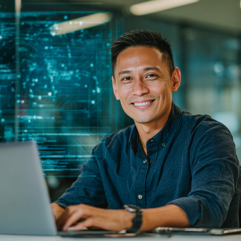 A male ai & machine learning offshore team member working on his PC in a Philippine tech hub