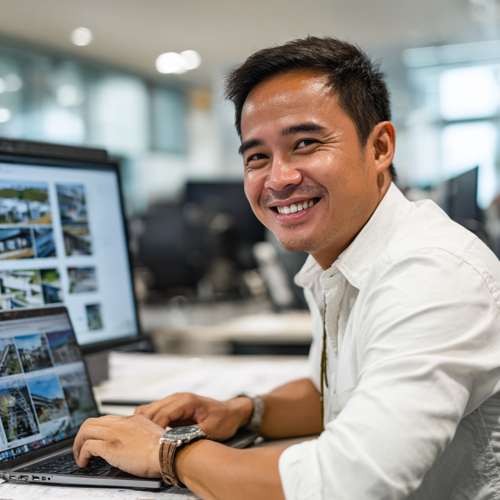 A female KDCI real estate team member from the Philippines holding a tablet, in an American home
