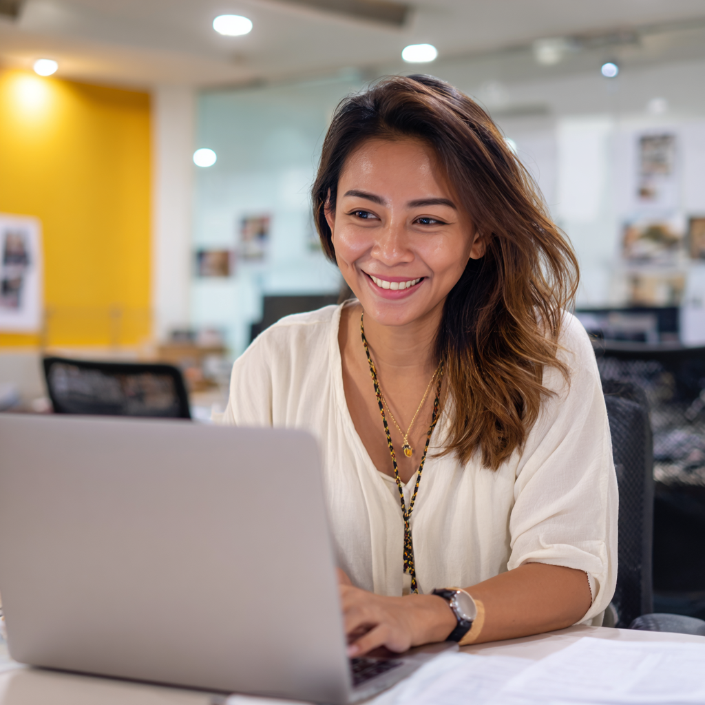 A female KDCI research & education staff holding a notepad, speaking, and standing in an education facility in the Philippines