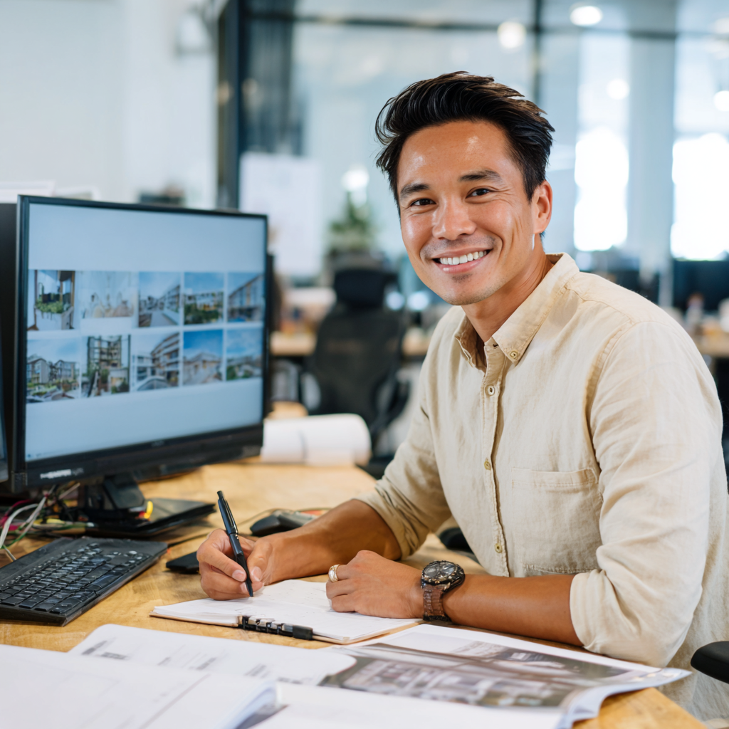 A male KDCI property management staff from the Philippines standing outside a home in a USA subdivisian