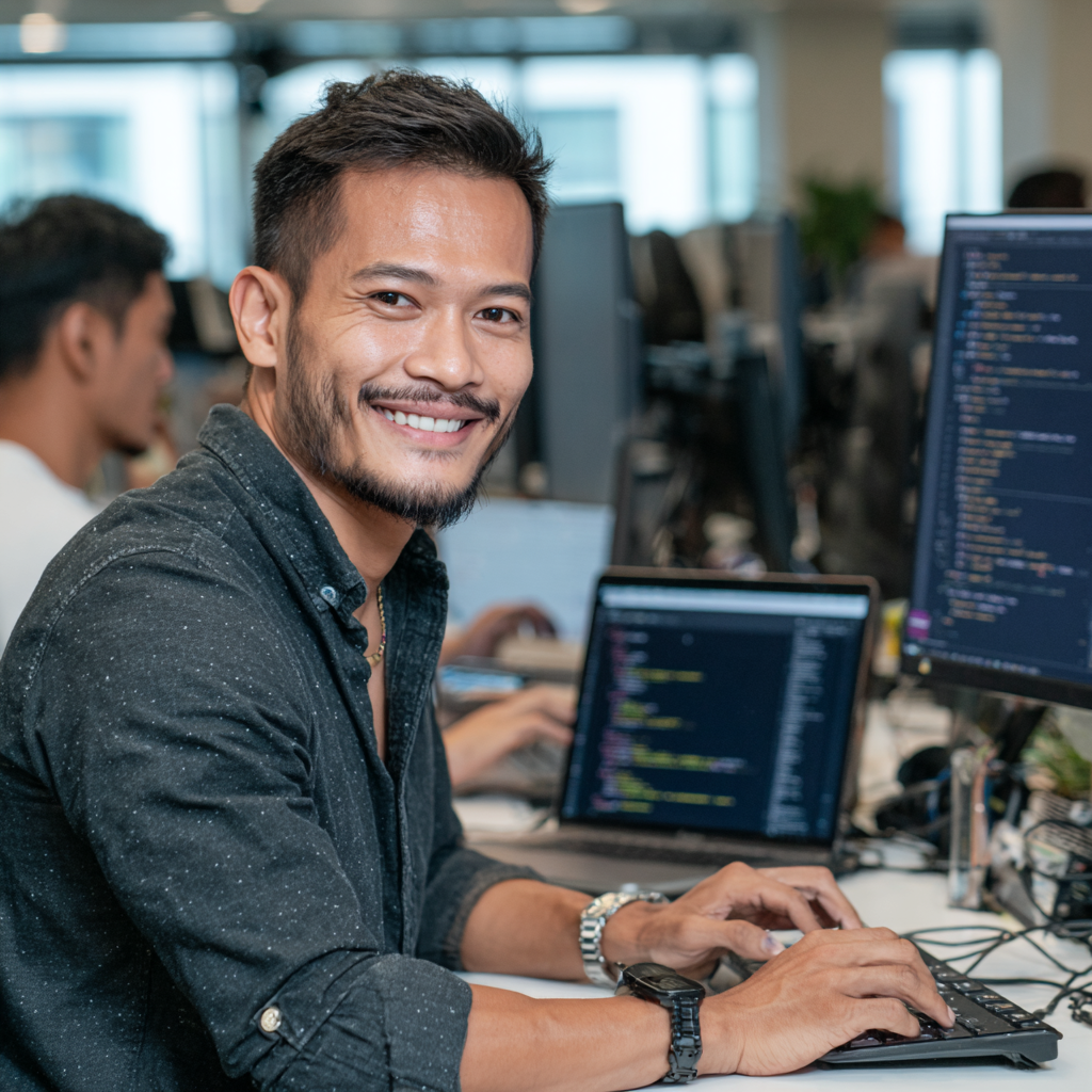 A female software development & IT team member working on her PC in a Philippine tech hub