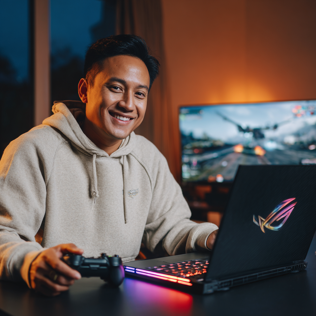 A male gaming team staff working on his laptop in a gaming office in the Philippines