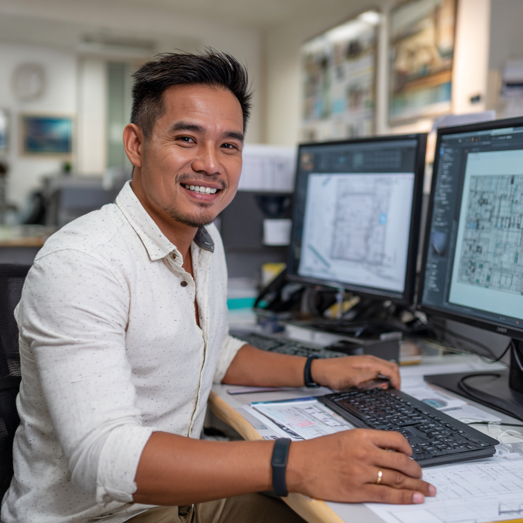 a female KDCI engineering services staff, wearing a safety helmet, holding documents, standing in a construction location in the Philippines