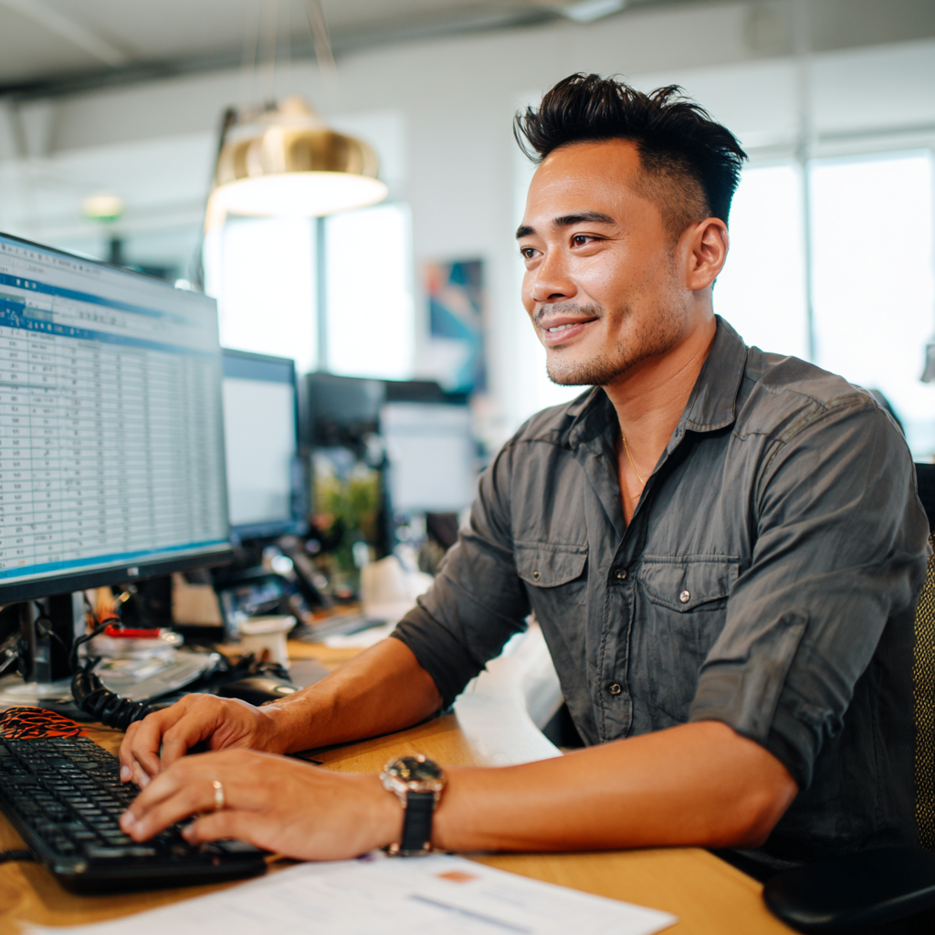 A male KDCI data processing staff working on his laptop in an office in the Philippines