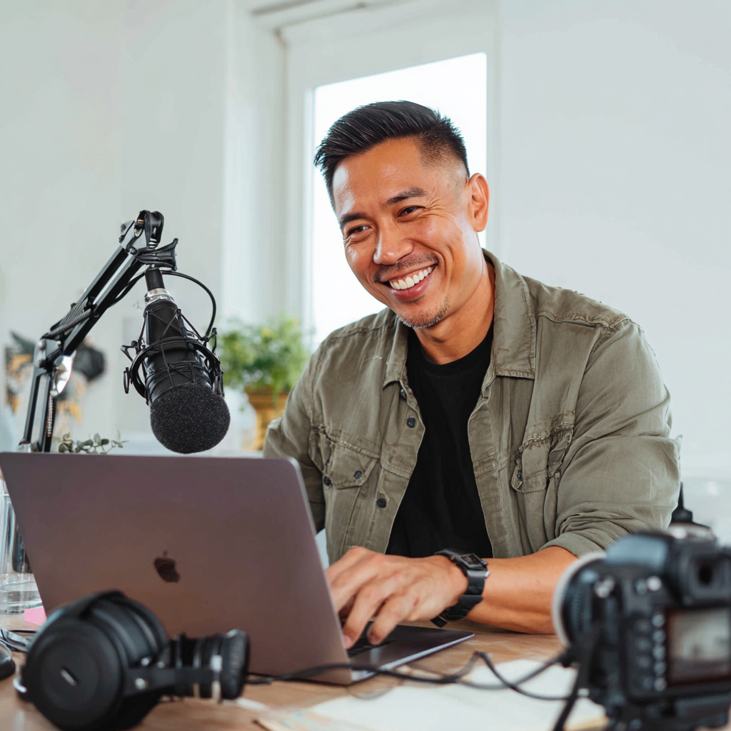 A female KDCI content creation staff working with a laptop in an office in the Philippines, smiling