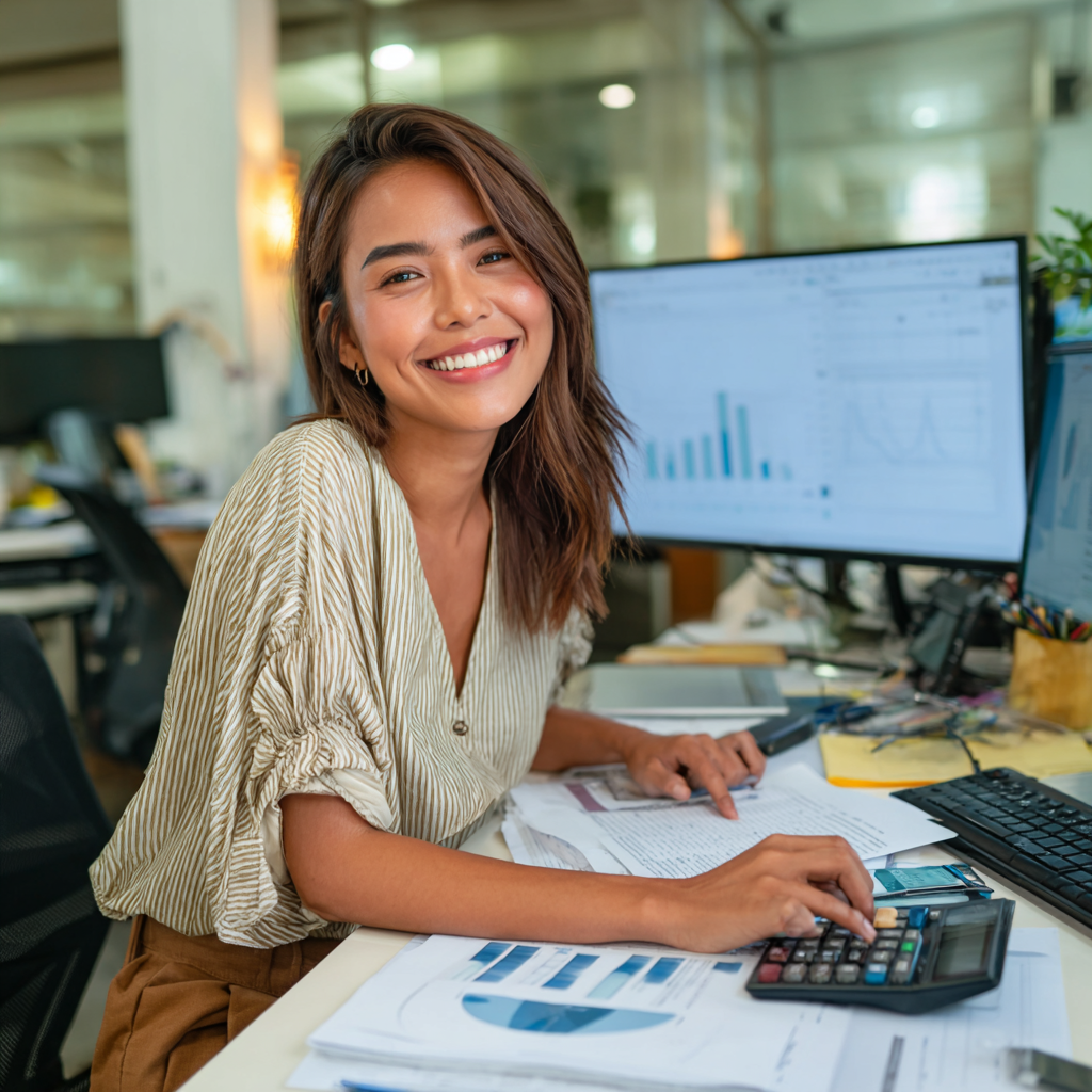 A female KDCI accounting & finance staff working on laptop in an office in the Philippines