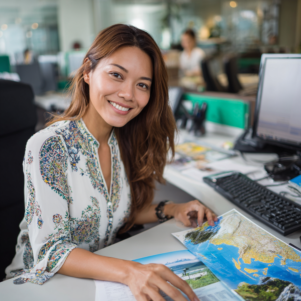 1 male, 1 female KDCI travel and hospitality team members looking at a tablet together in a Philippine office