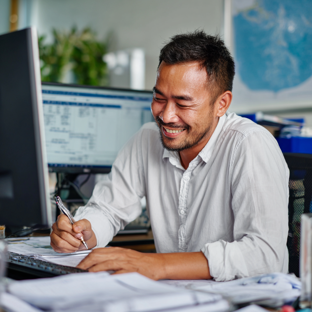 A male kDCI supply chain & procurement team member from the Philippines working on his laptop in a warehouse in the USA.