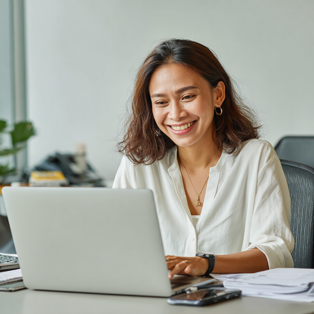 A female KDCI accounting & finance staff working on laptop in an office in the Philippines