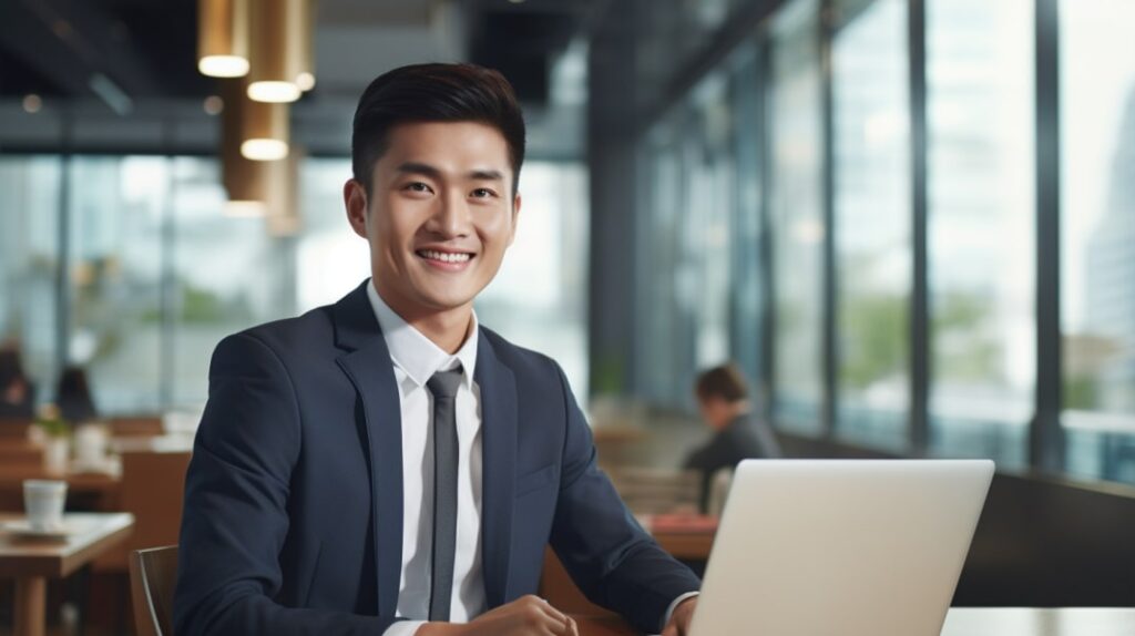 Cheerful Asian property management professional, engrossed in work on his laptop, beams brightly at the camera.