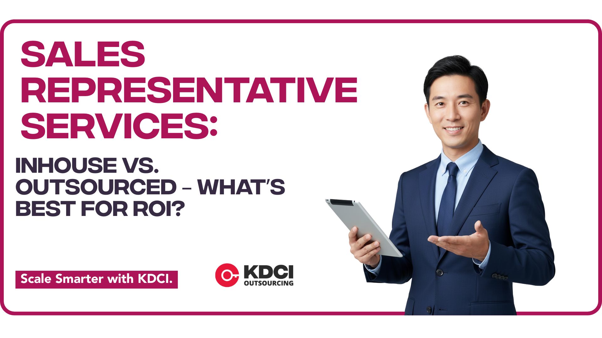 corporate professional next to text "Sales Representative Services: In-House vs. Outsourced – What’s Best for ROI?" with KDCI logo