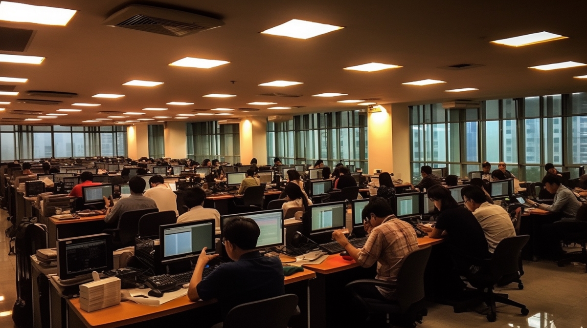 An image of a bustling B2E (Business-to-Employee) office with Filipino employees at work.