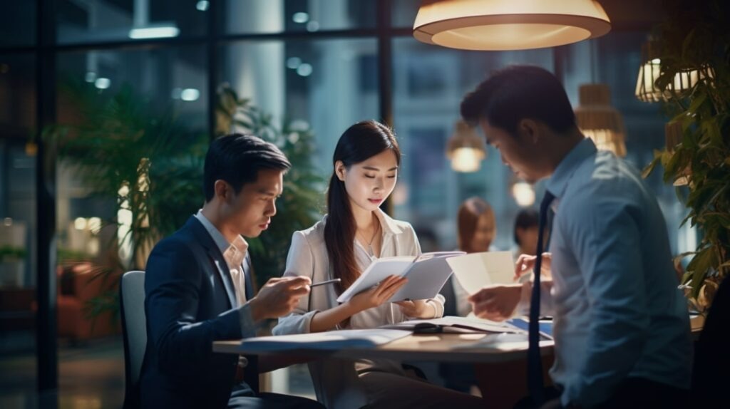Three dedicated Asian outsourcing staff members, deeply engrossed in their work, collaborate harmoniously in a modern, bustling office setting.