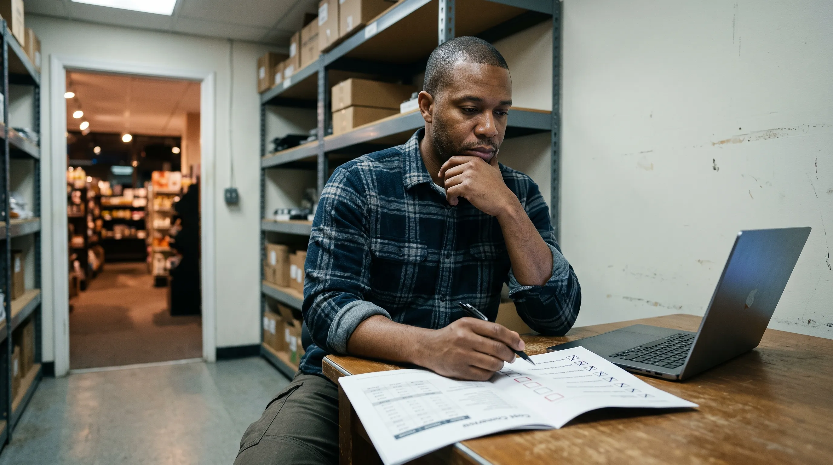 Small business owner reviewing customer service outsourcing cost comparison report in stockroom back office.