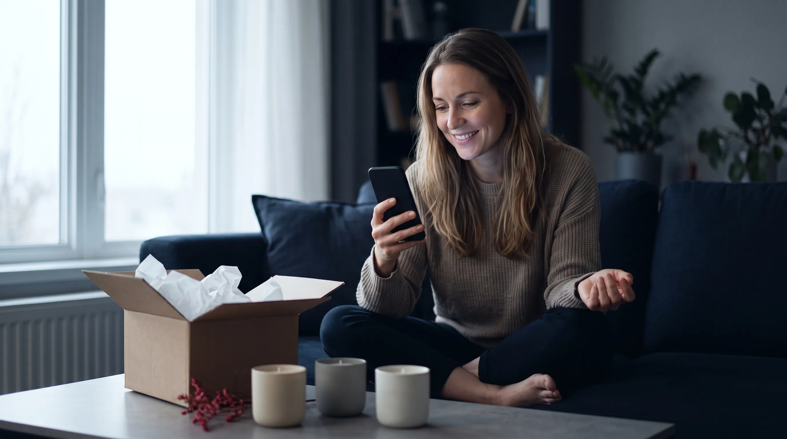 Satisfied customer leaving a five-star review on her phone after receiving a homemade scented candle order, representing positive customer service experience.