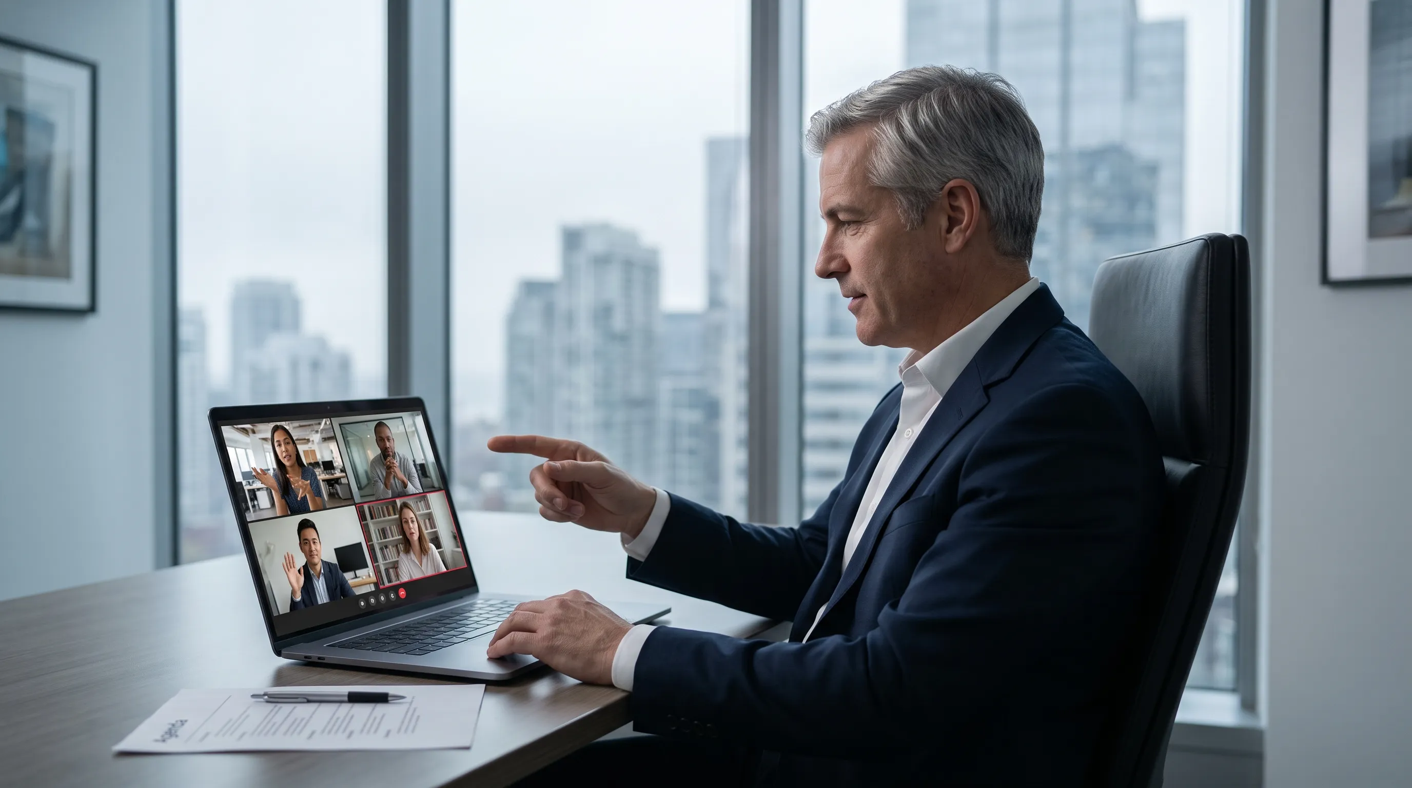 C-suite executive conducting a remote video call with an offshore staffing team, representing managed remote staffing and offshore team collaboration.