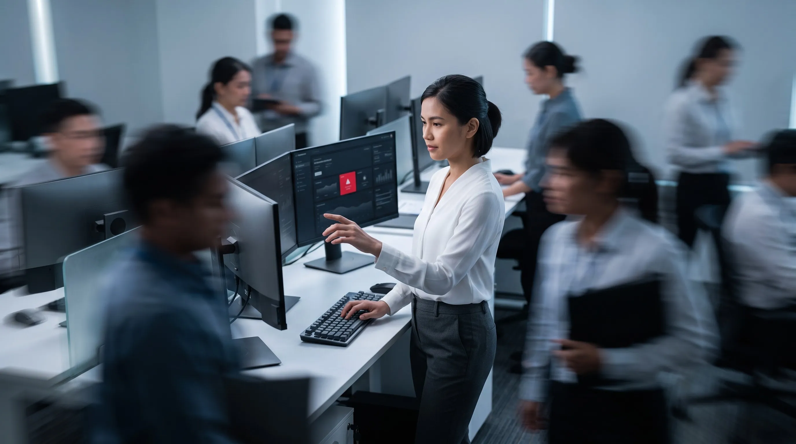Filipino operations director reviewing AI adoption dashboard metrics in a corporate office, representing business AI integration and operational decision-making.