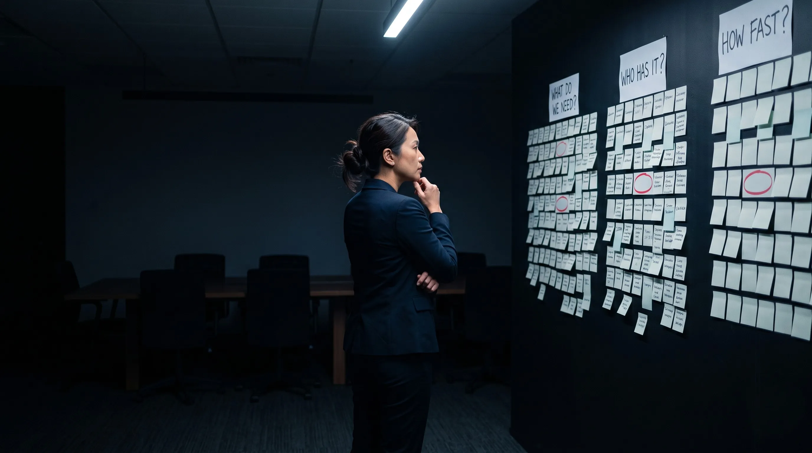 Filipino pperations manager analyzing AI staffing roles on a sticky note planning wall, representing workforce planning and AI talent acquisition strategy.
