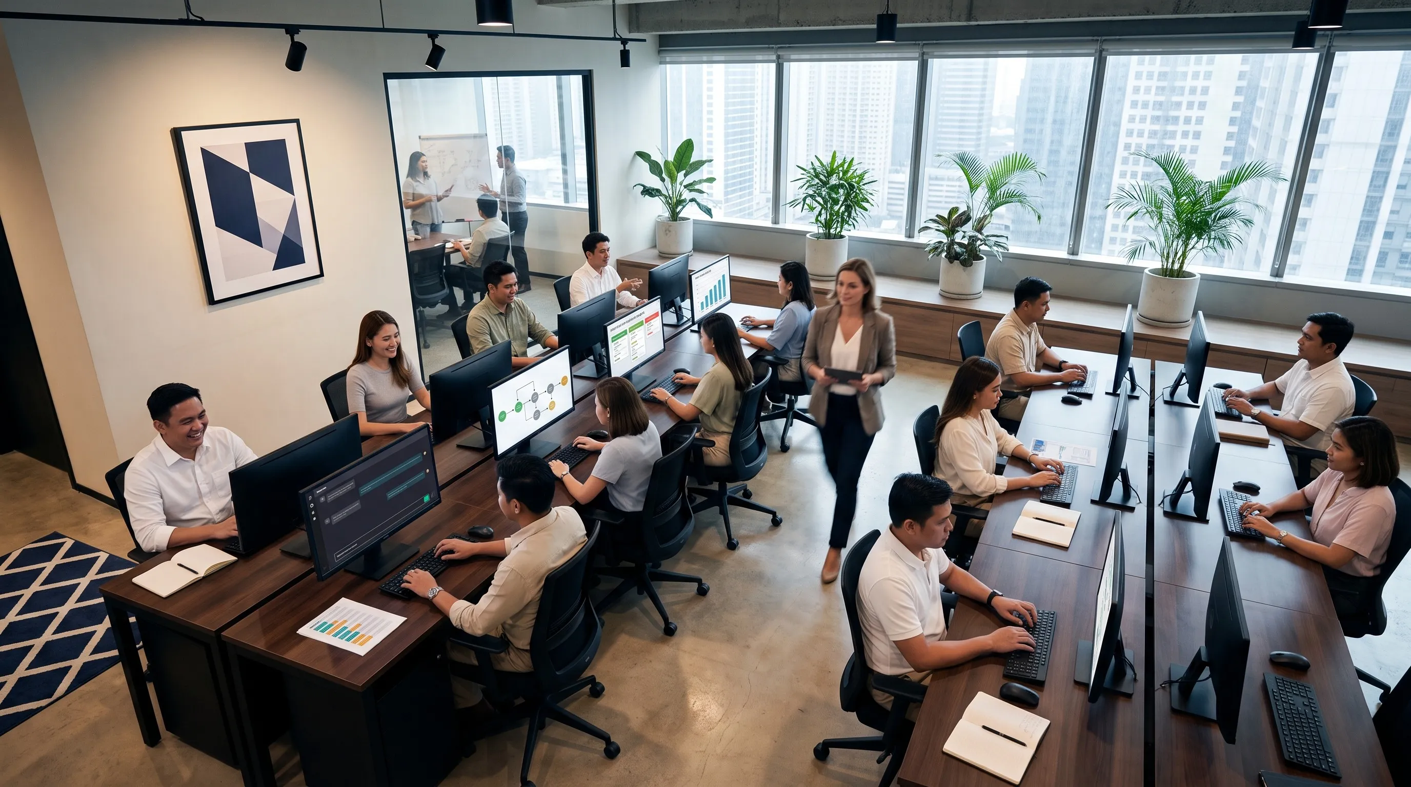 Filipino AI staffing team working in a modern Makati office, representing offshore AI recruitment agency operations in the Philippines.