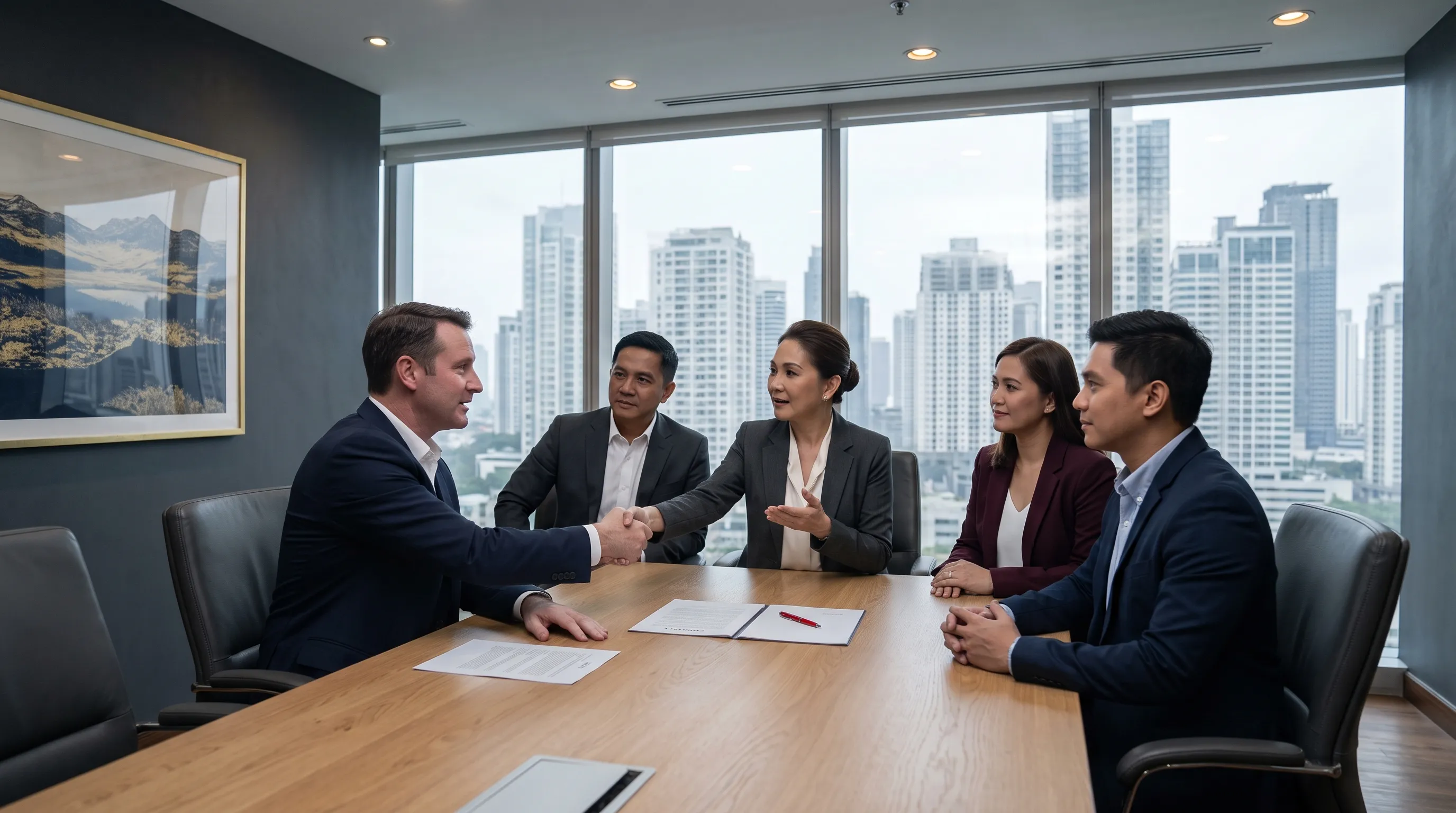 Caucasian client closing a partnership deal with a Filipino executive team in an Ortigas boardroom, representing offshore AI staffing agency collaboration in the Philippines.