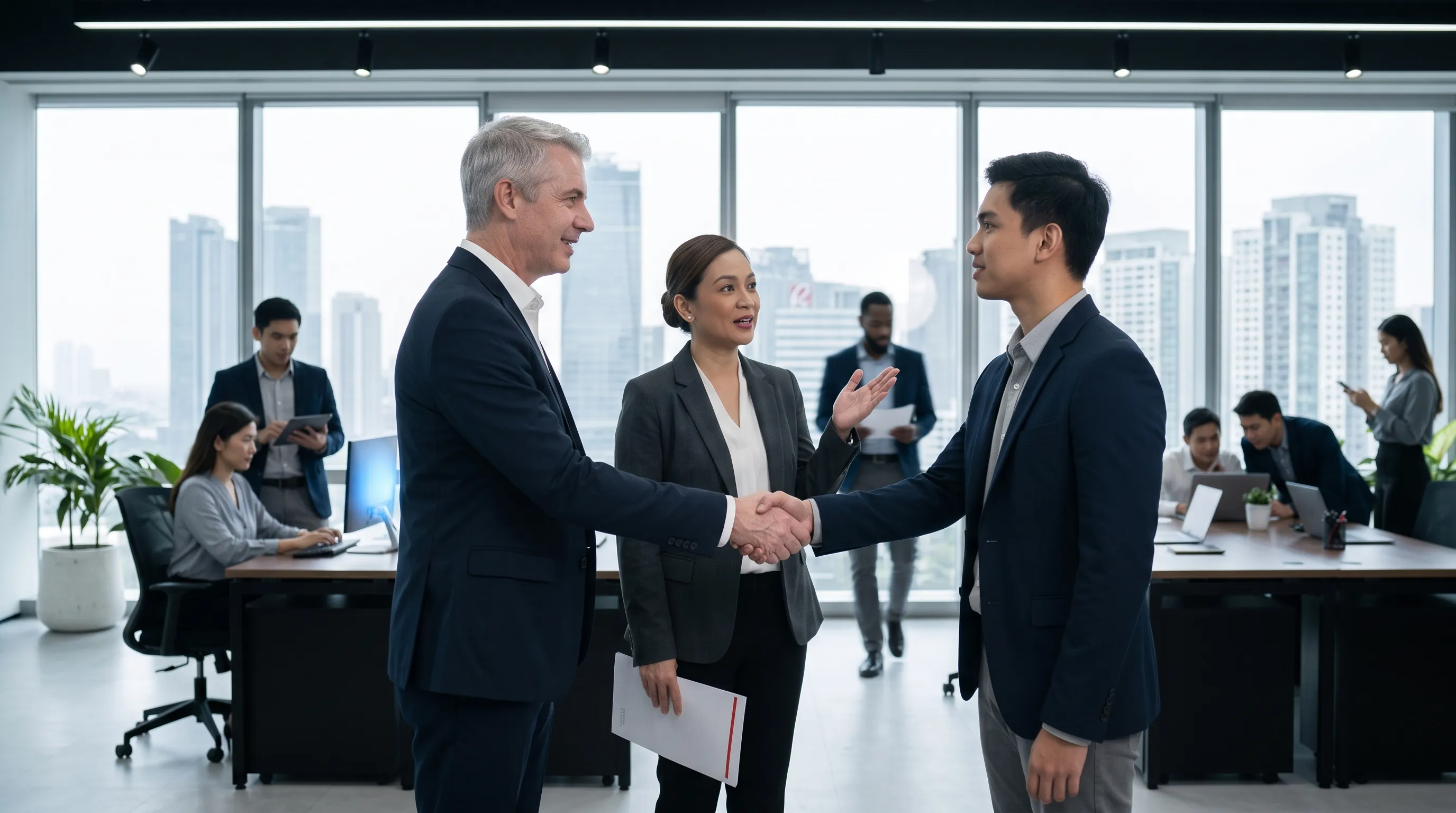 Filipino hiring manager introducing an AI developer hire to a Caucasian executive in an Ortigas office, representing offshore AI developer hiring and staffing in the Philippines.