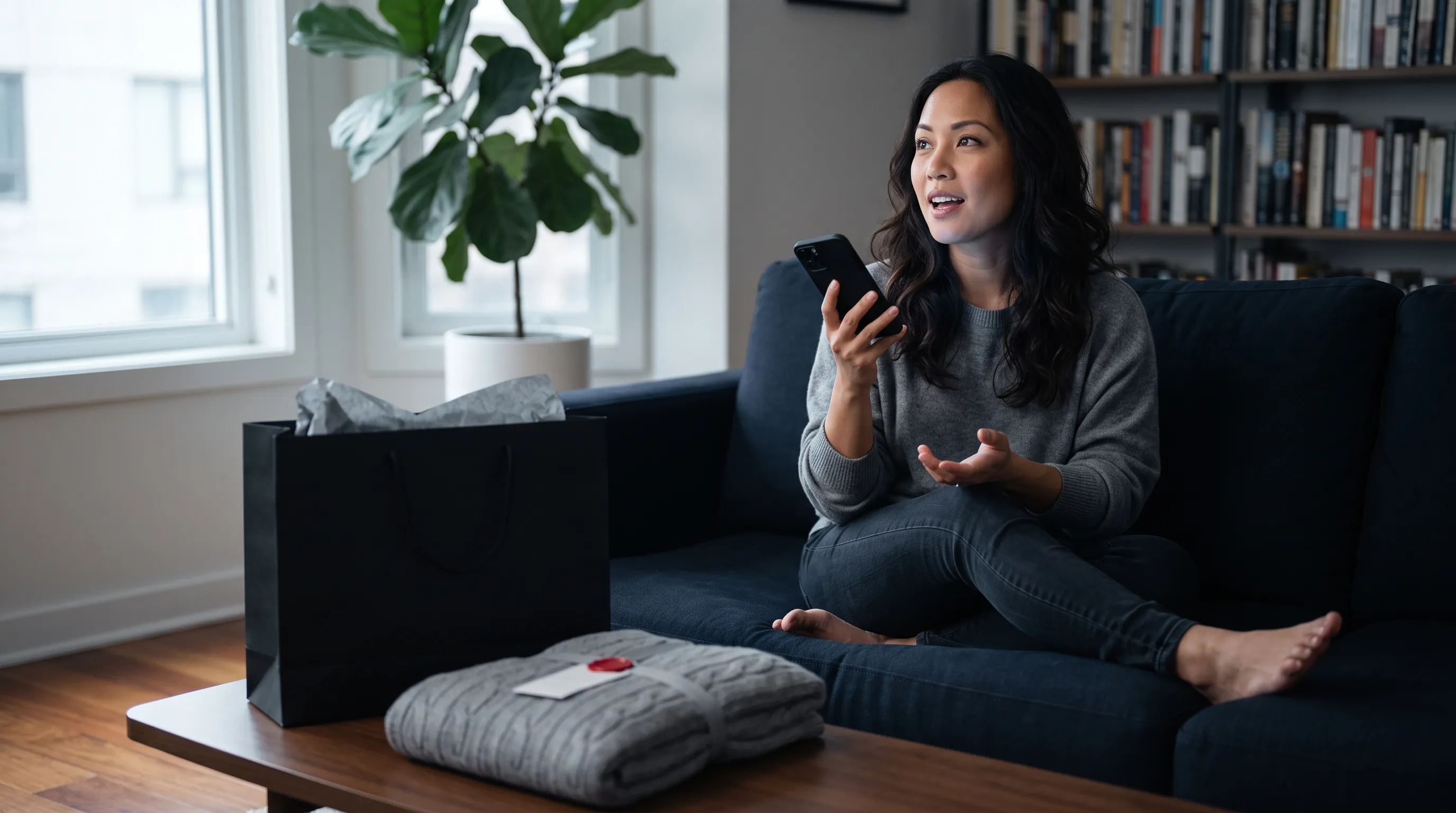 Filipina customer using a conversational AI voice agent on her smartphone after a purchase, representing post-purchase conversational AI customer support.