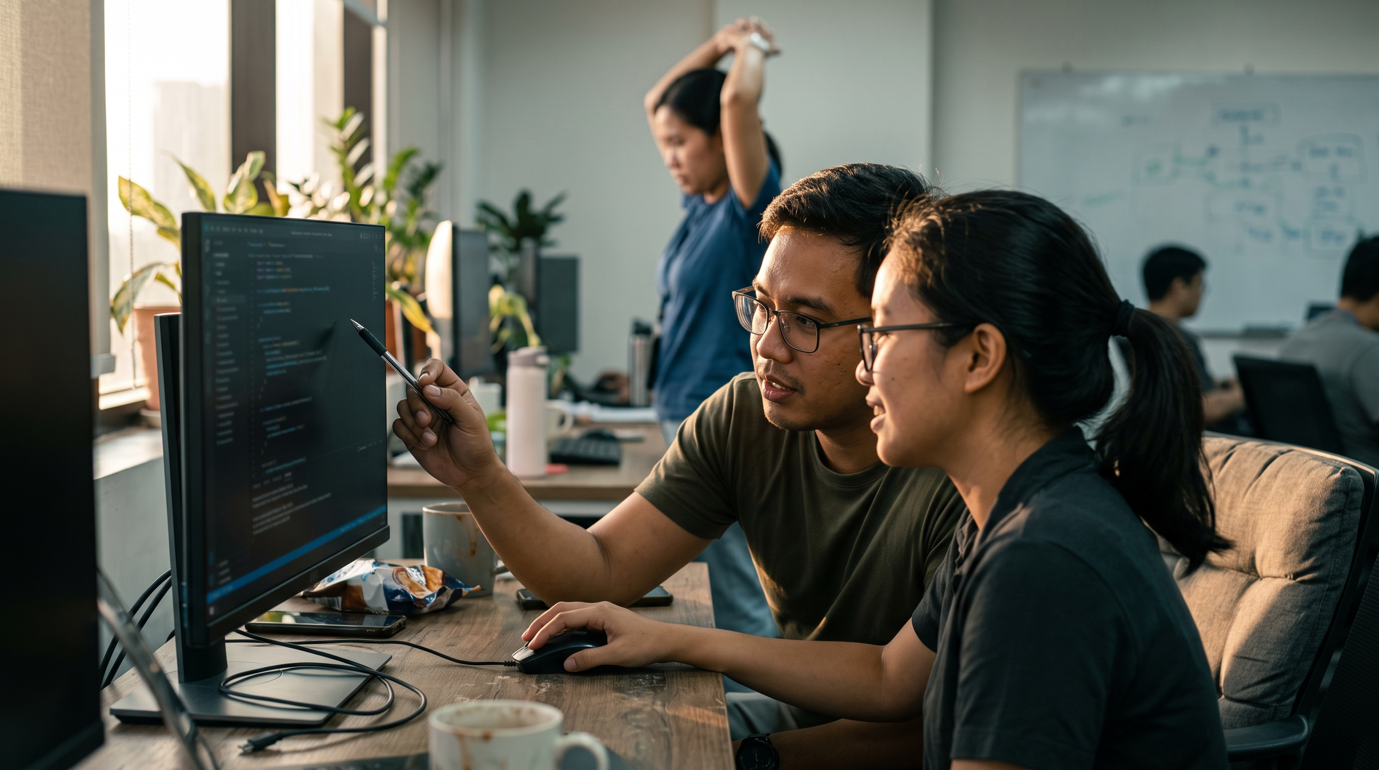AI developers reviewing code together on a monitor in an office, illustrating AI development services in 2026.