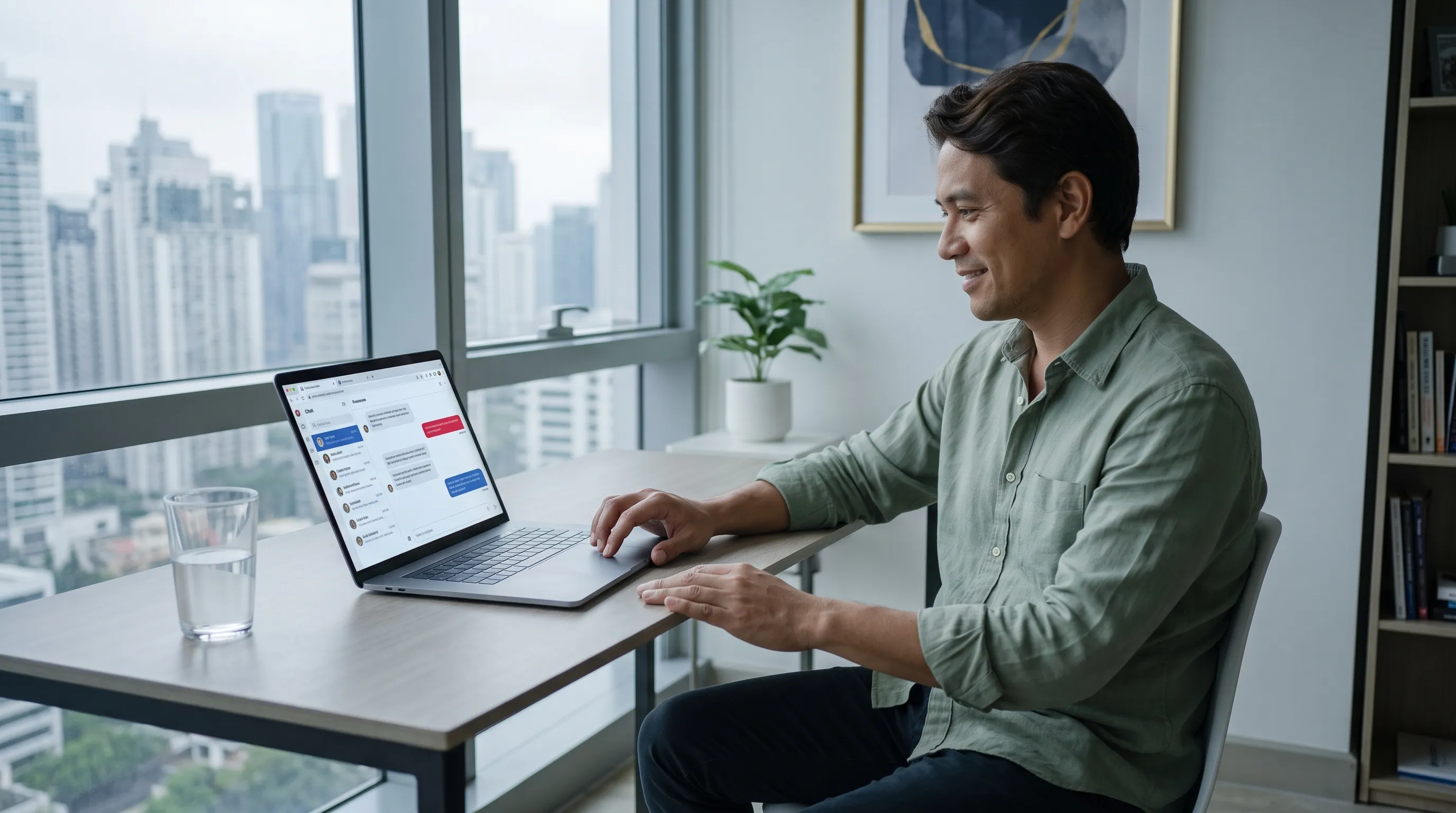 Filipino-American professional using a chatbot interface on his laptop in a condo, representing conversational AI chatbot development services for modern businesses.