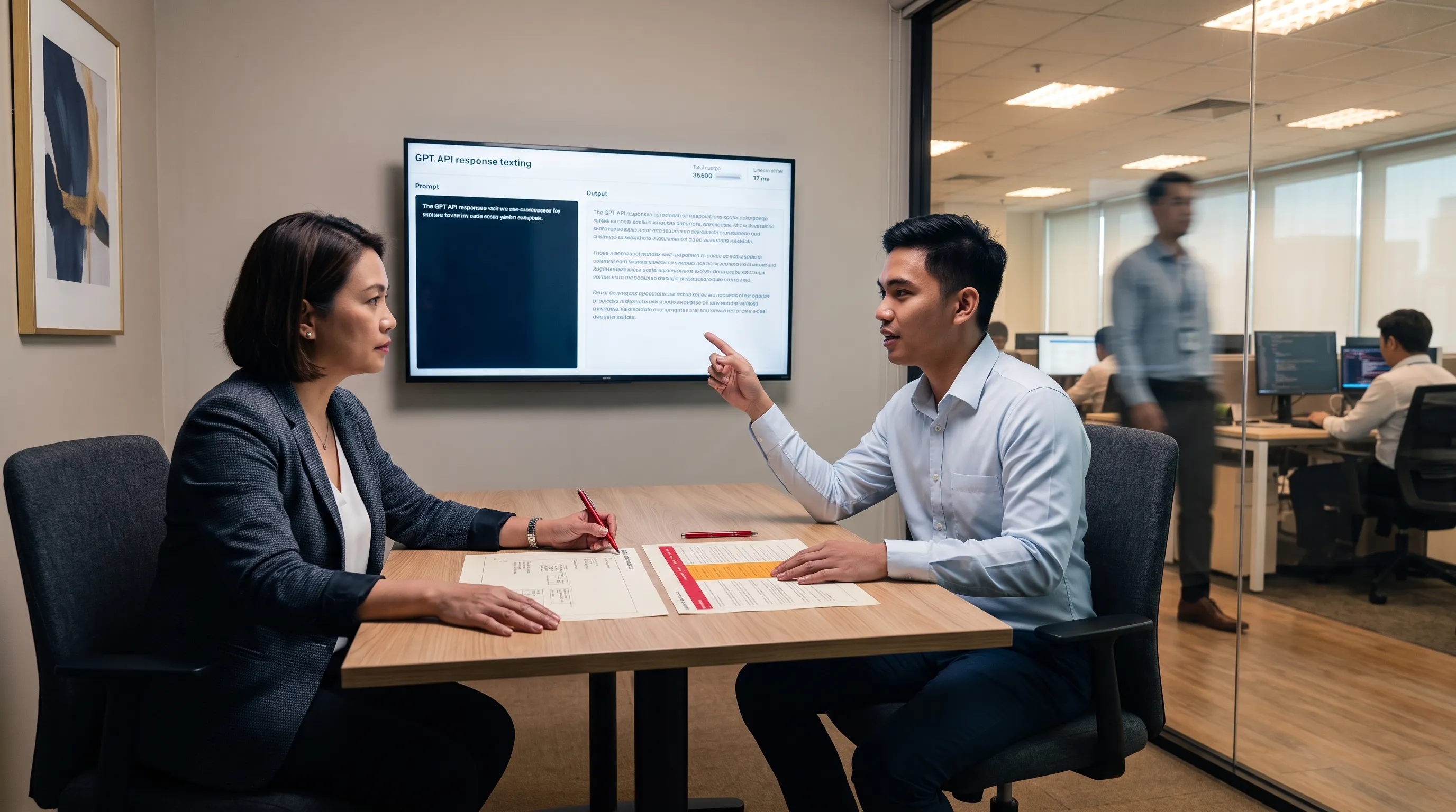 Filipino hiring manager evaluating a ChatGPT developer candidate during a technical assessment, representing the ChatGPT developer hiring process for AI staffing.