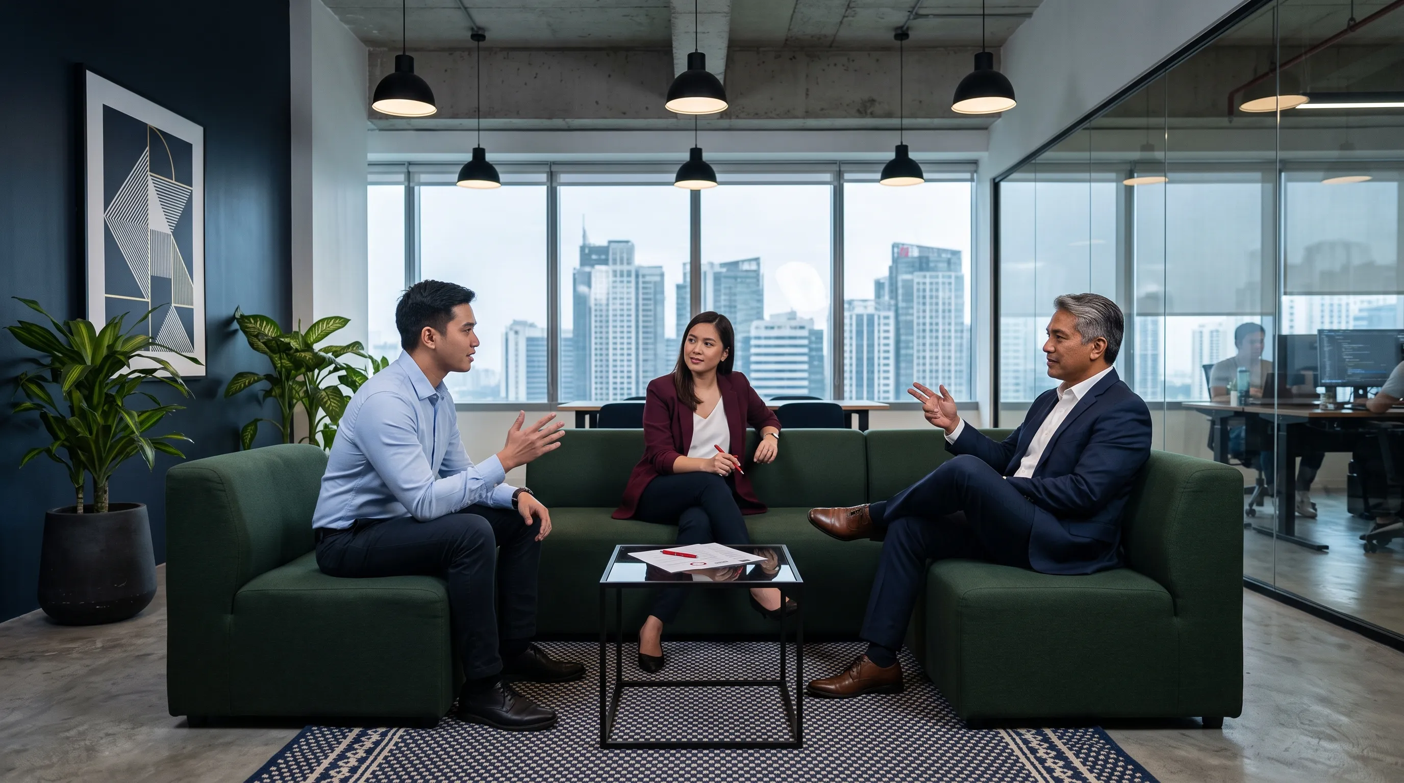 Job interview in a modern Philippine tech company lounge with a candidate, recruiter, and CEO, representing the hiring process for automation engineers.