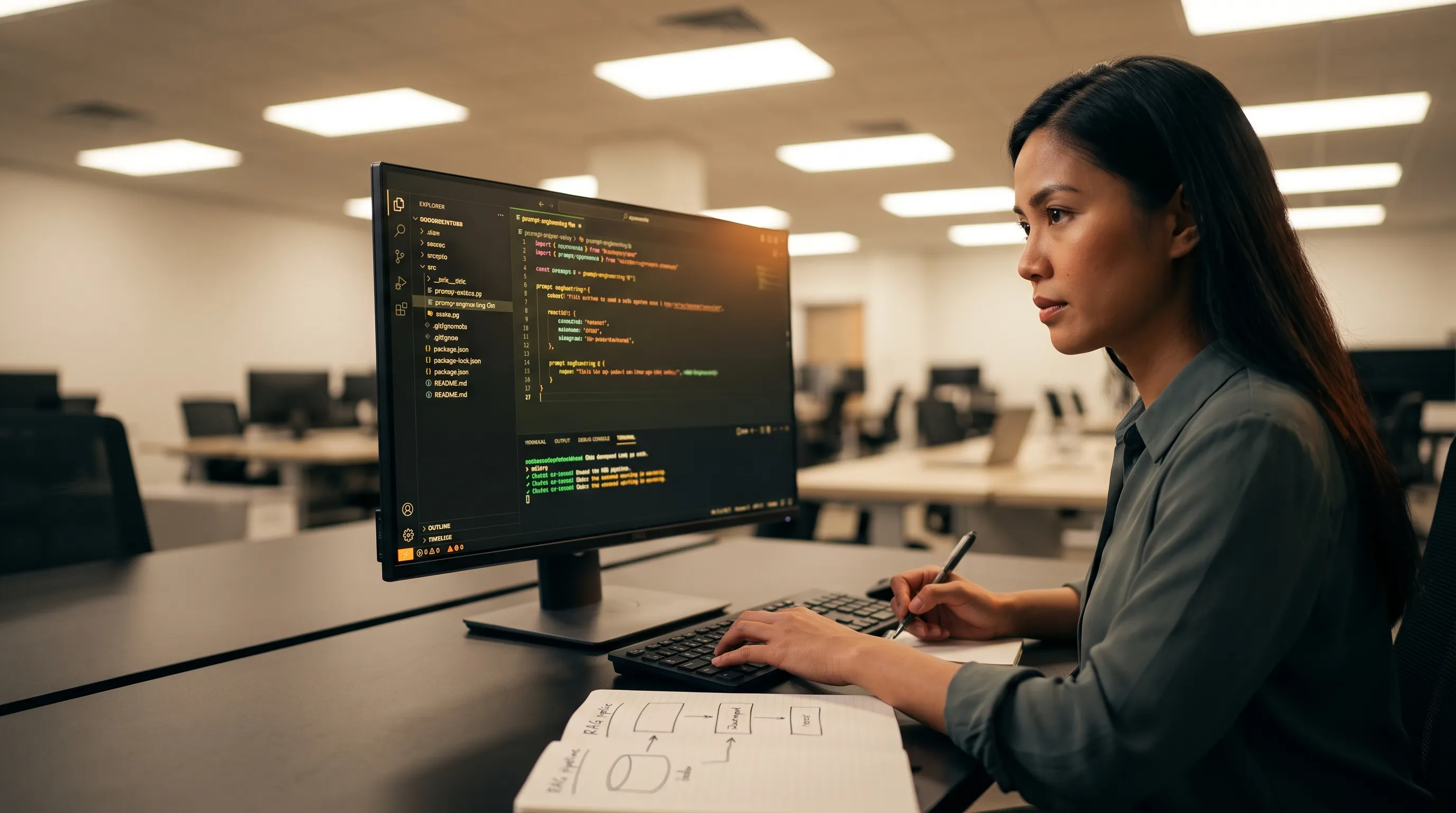 Filipino female automation engineer working on a generative AI development environment at her workstation, representing offshore automation engineer hiring for AI-powered workflows.