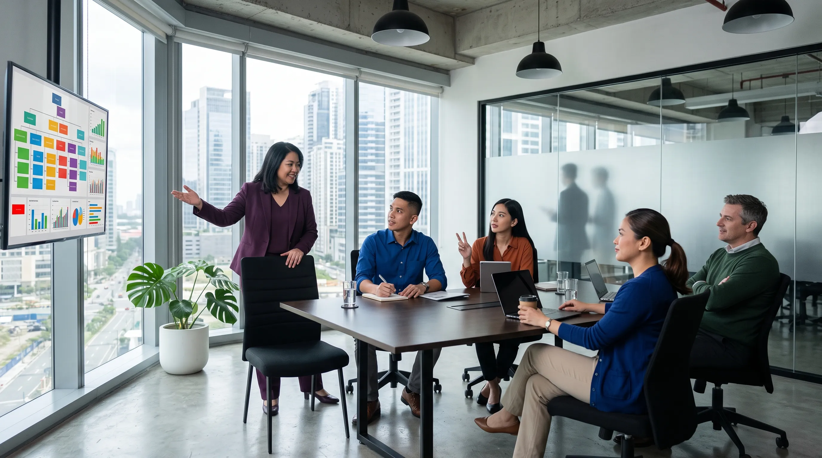 Team meeting around a table with two empty chairs — offshore outsourcing team growth in Manila office