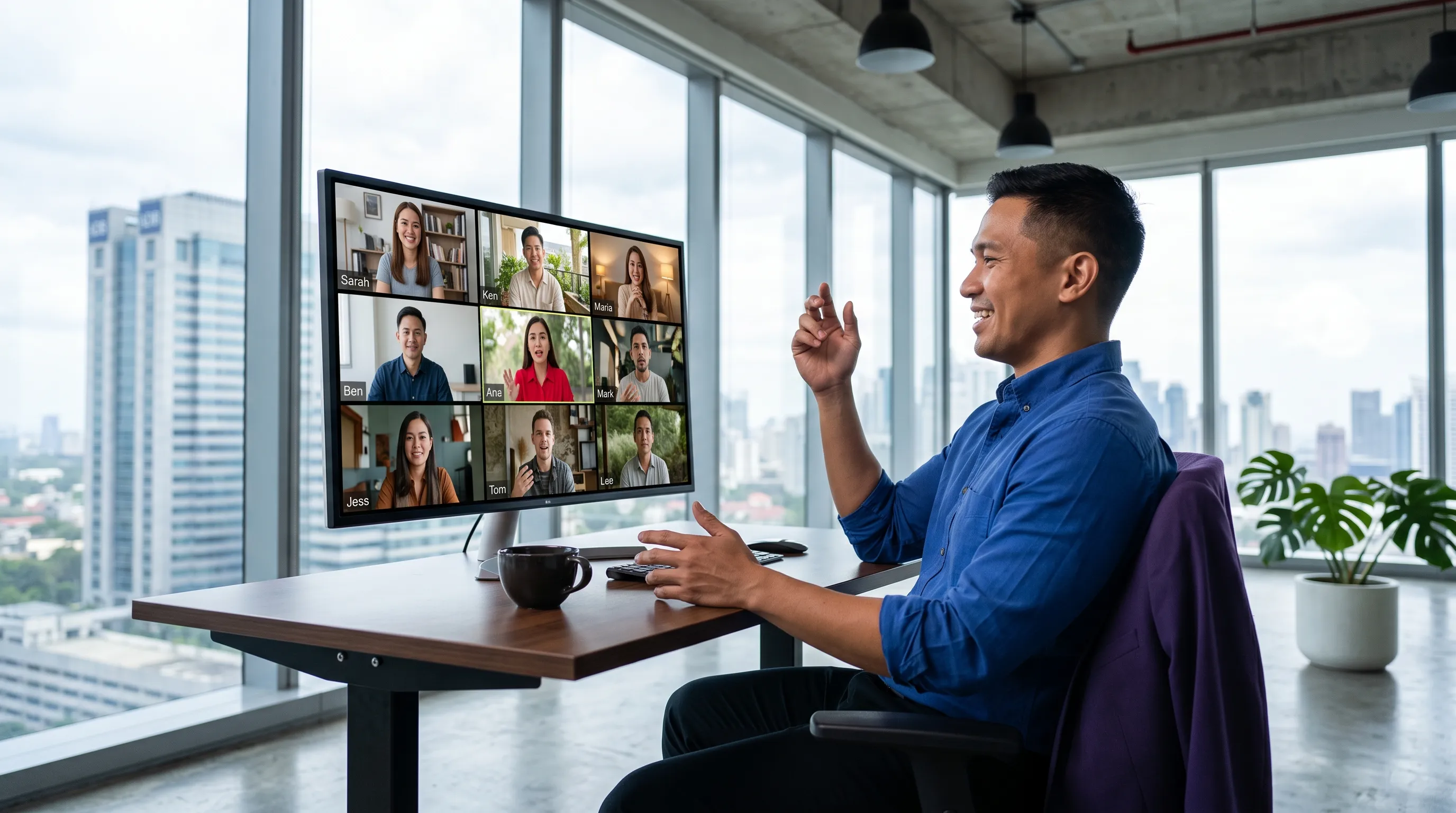 Manager on a video call with offshore team members in their home spaces — managing offshore teams in 2026