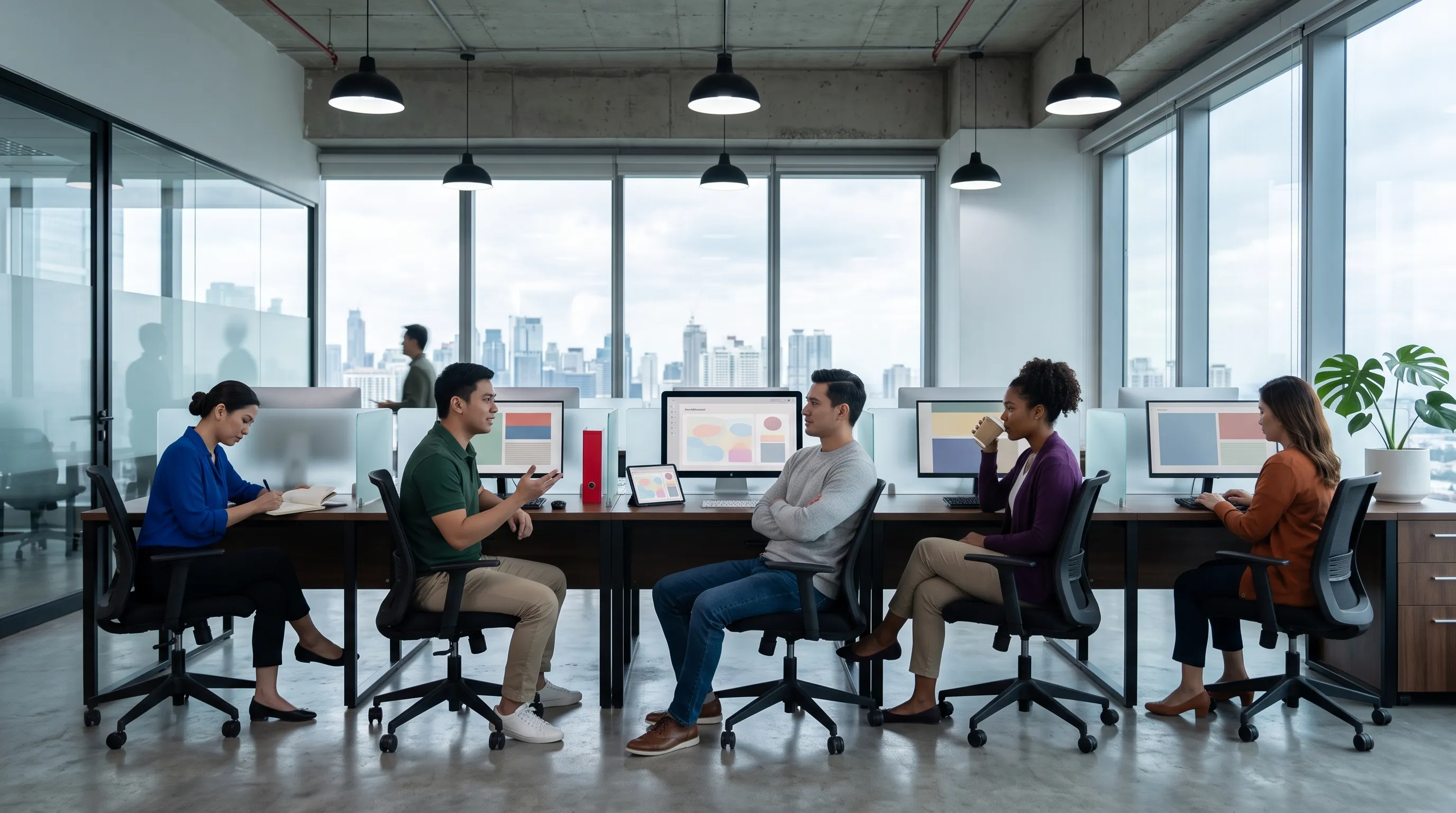 Team collaborating at desks, reviewing work together — how to build an AI team in 2026