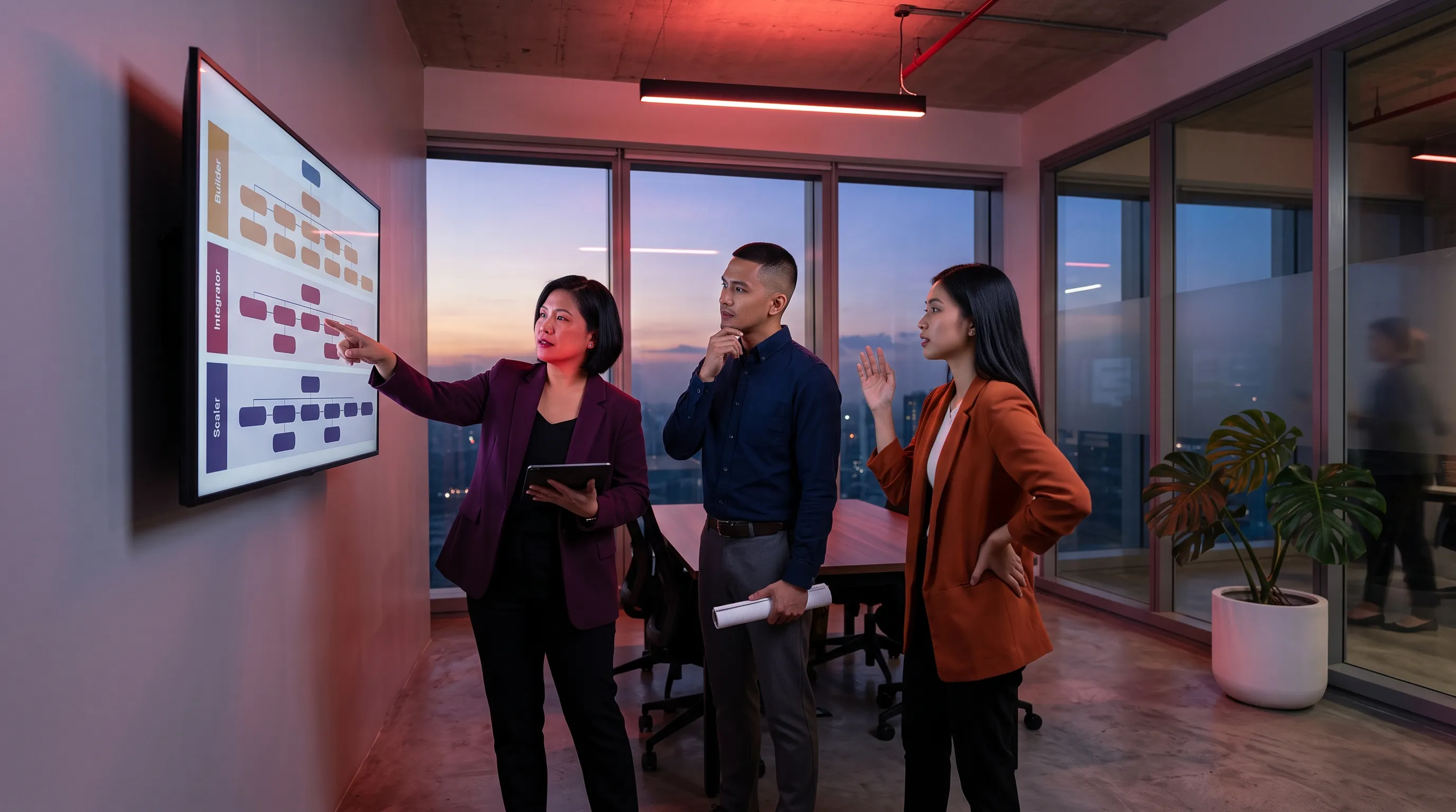 Team mapping a three-tier hiring plan on screen — AI team structure guide 2026