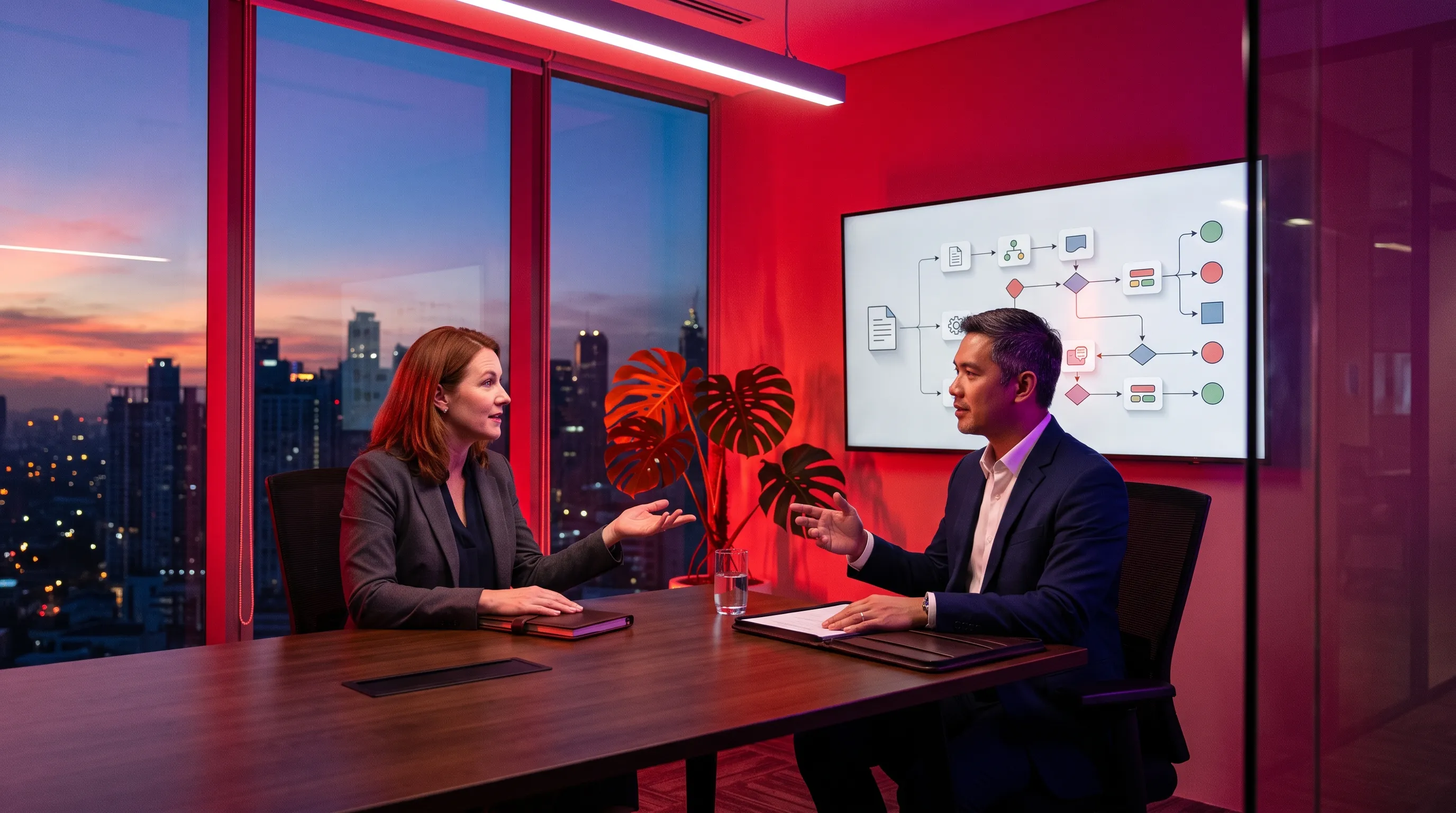 Client and consultant discussing a decision-flow diagram in a red-lit office — how to hire an AI consultant in 2026